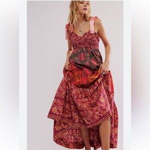 Free People Bluebell Pink Floral Maxi Dress with Ribbon Straps
